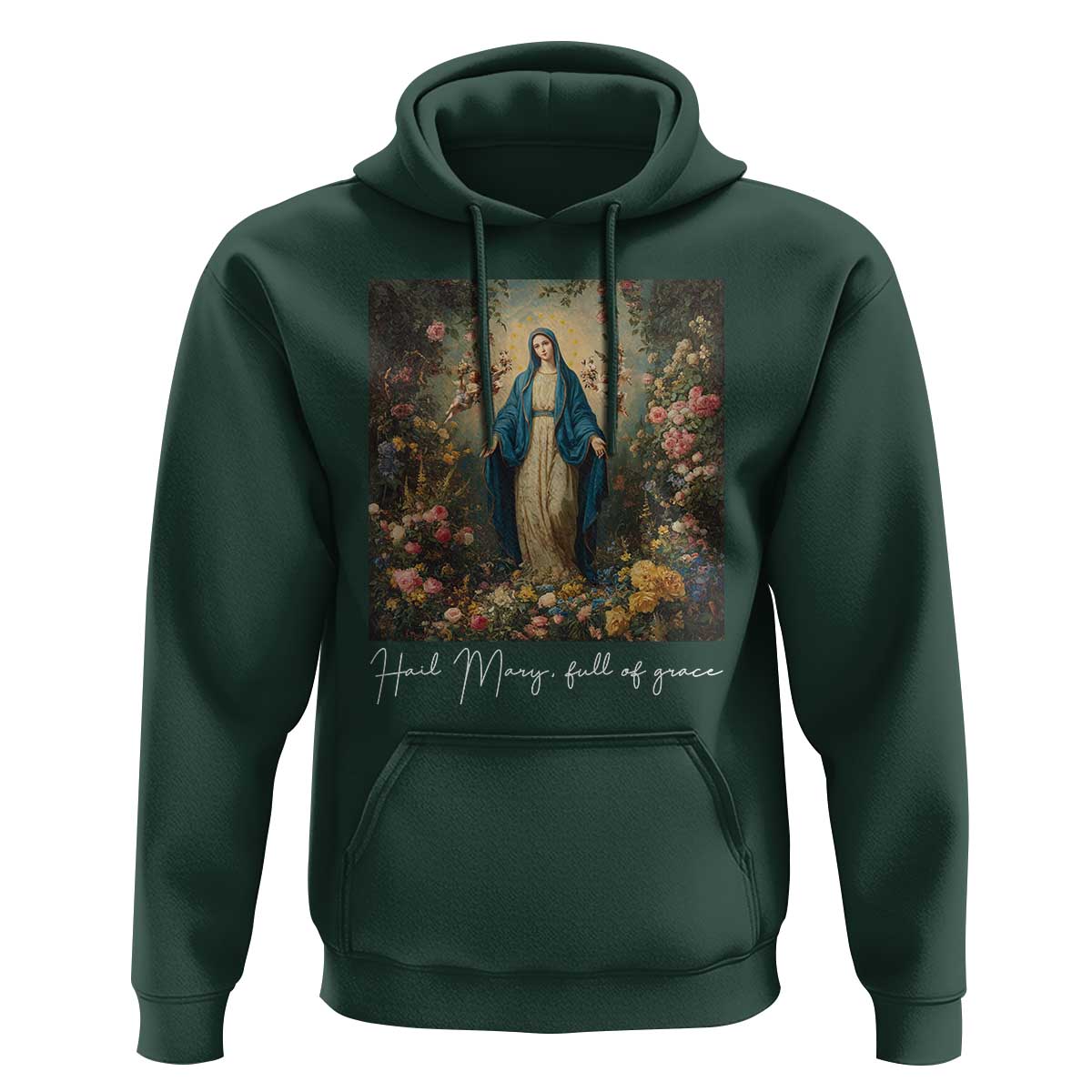 Marian Catholic Hoodie Hail Mary Full Of Grace Blessed Virgin Mary Floral - Wonder Print Shop