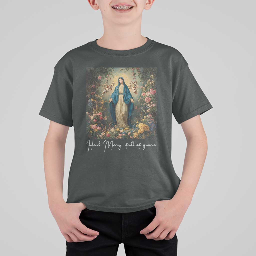 Marian Catholic T Shirt For Kid Hail Mary Full Of Grace Blessed Virgin Mary Floral - Wonder Print Shop