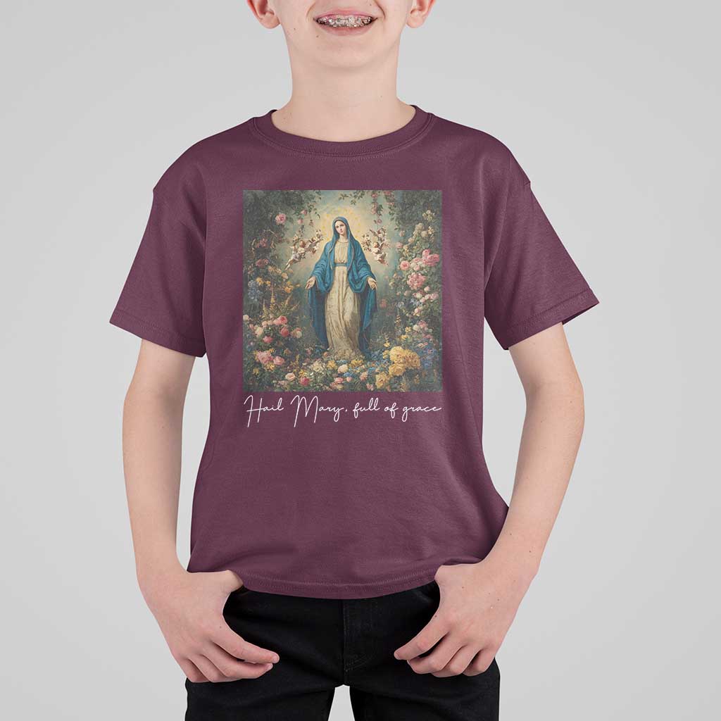 Marian Catholic T Shirt For Kid Hail Mary Full Of Grace Blessed Virgin Mary Floral - Wonder Print Shop