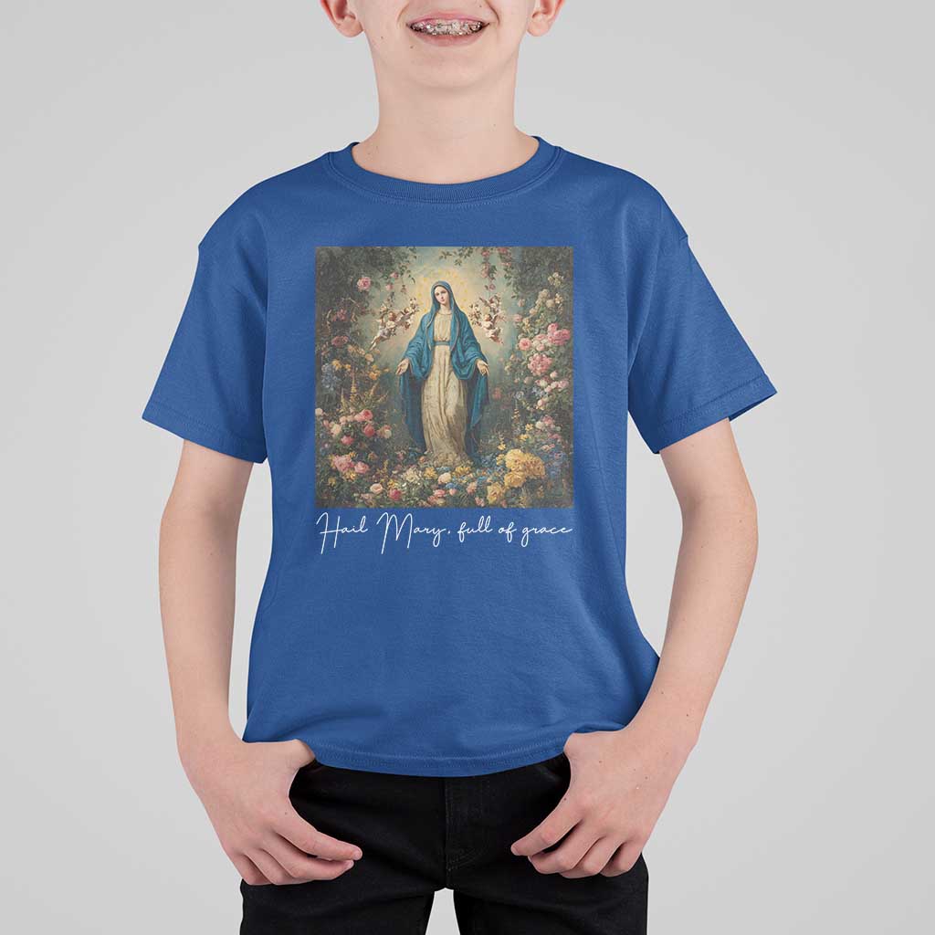 Marian Catholic T Shirt For Kid Hail Mary Full Of Grace Blessed Virgin Mary Floral - Wonder Print Shop