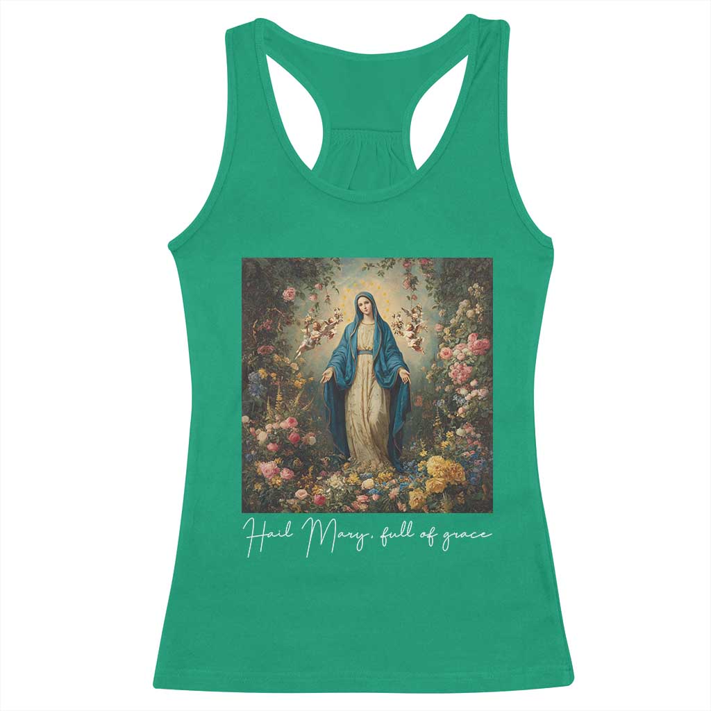 Marian Catholic Racerback Tank Top Hail Mary Full Of Grace Blessed Virgin Mary Floral - Wonder Print Shop