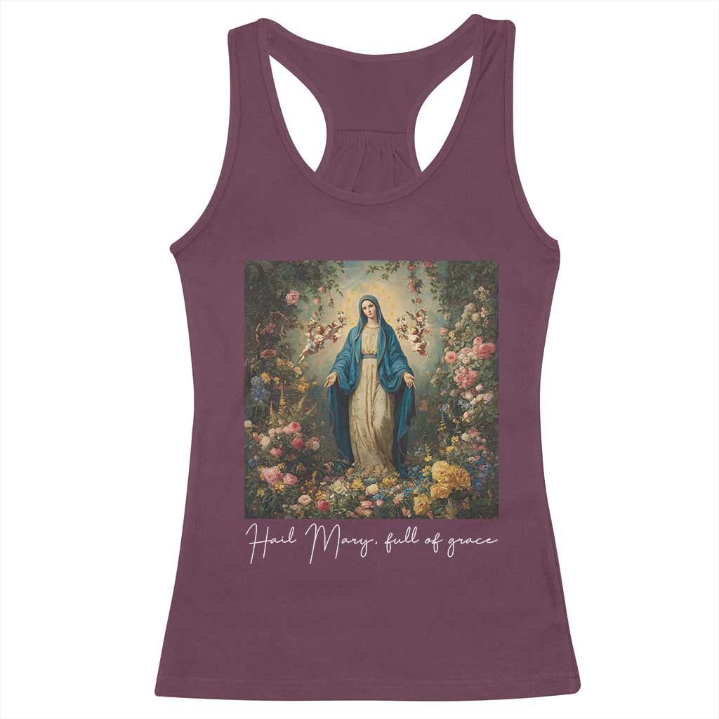 Marian Catholic Racerback Tank Top Hail Mary Full Of Grace Blessed Virgin Mary Floral - Wonder Print Shop