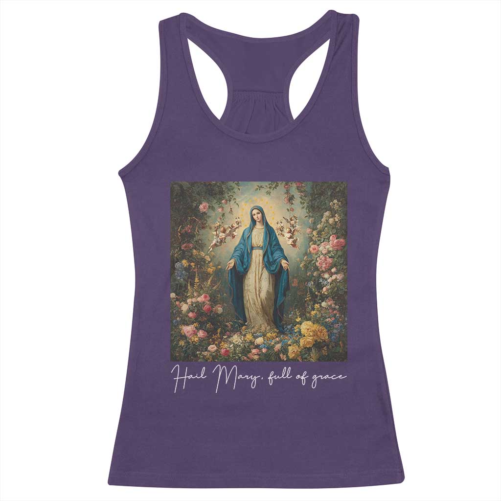 Marian Catholic Racerback Tank Top Hail Mary Full Of Grace Blessed Virgin Mary Floral - Wonder Print Shop