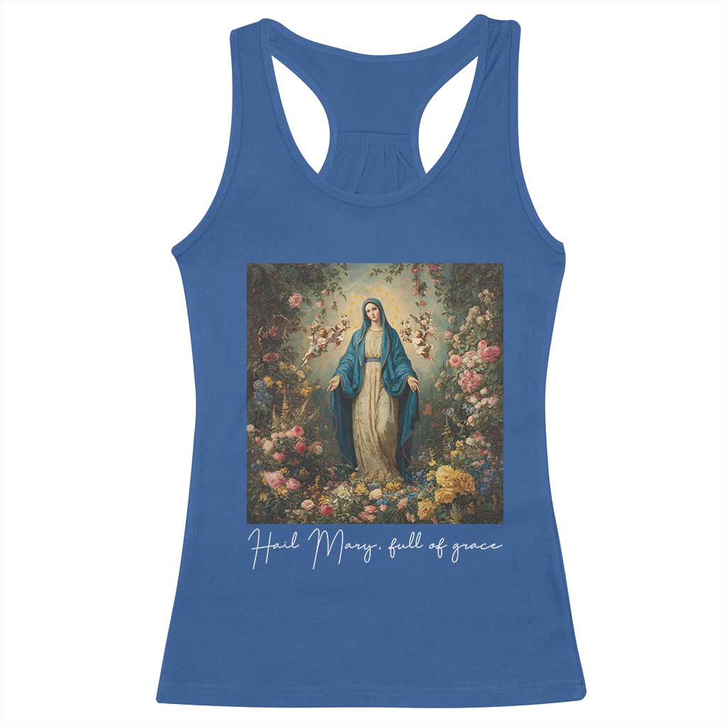 Marian Catholic Racerback Tank Top Hail Mary Full Of Grace Blessed Virgin Mary Floral - Wonder Print Shop