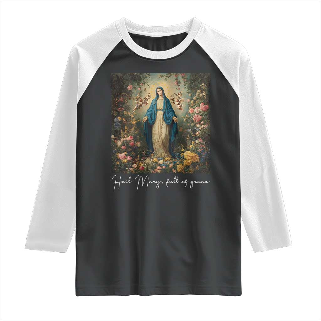 Marian Catholic Raglan Shirt Hail Mary Full Of Grace Blessed Virgin Mary Floral - Wonder Print Shop