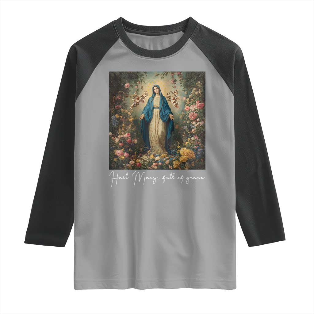 Marian Catholic Raglan Shirt Hail Mary Full Of Grace Blessed Virgin Mary Floral - Wonder Print Shop