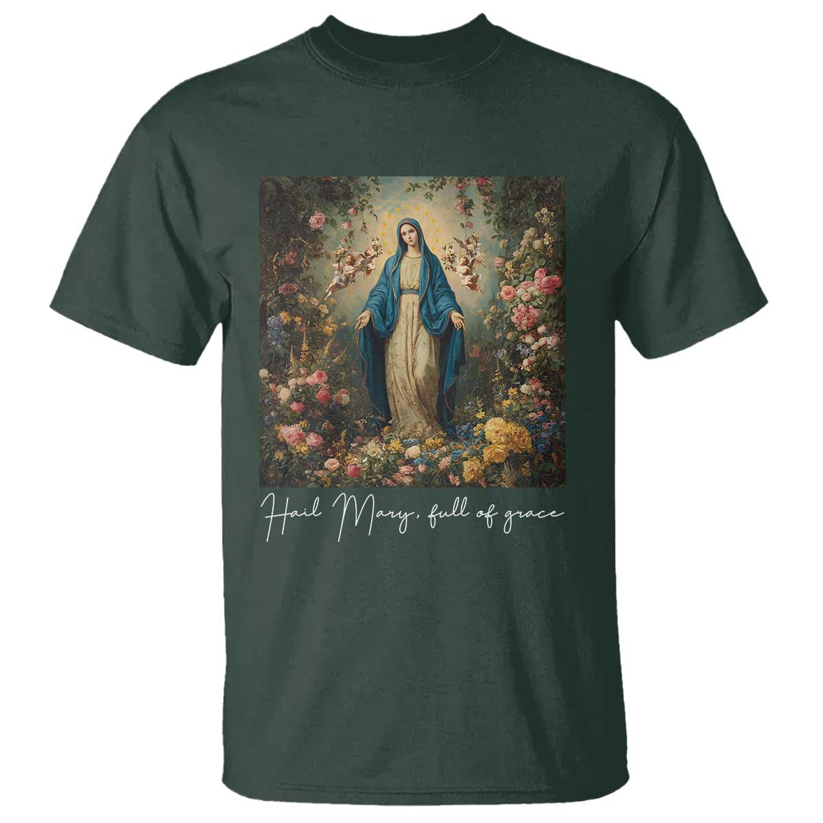 Marian Catholic T Shirt Hail Mary Full Of Grace Blessed Virgin Mary Floral - Wonder Print Shop