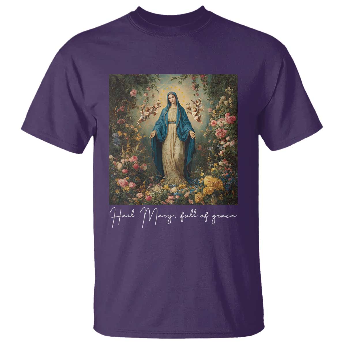 Marian Catholic T Shirt Hail Mary Full Of Grace Blessed Virgin Mary Floral - Wonder Print Shop