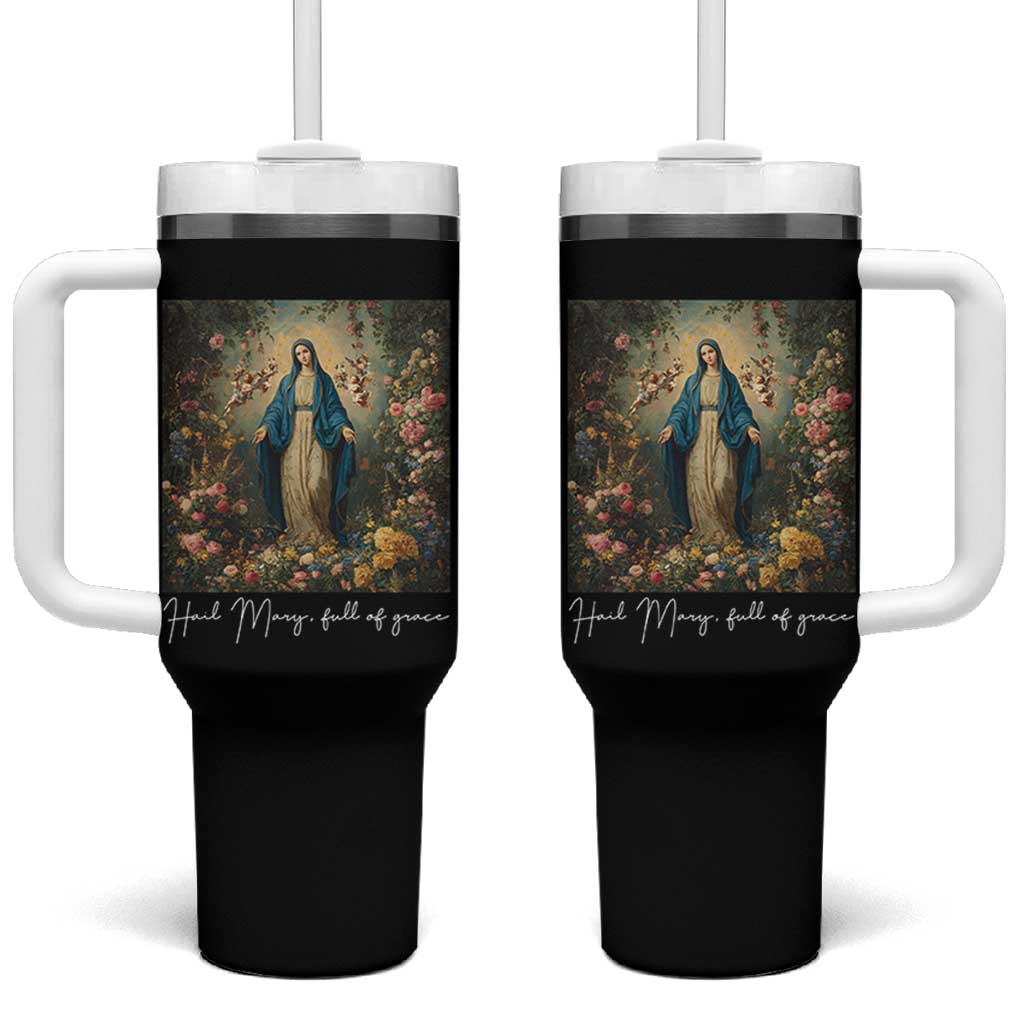 Marian Catholic Tumbler With Handle Hail Mary Full Of Grace Blessed Virgin Mary Floral - Wonder Print Shop