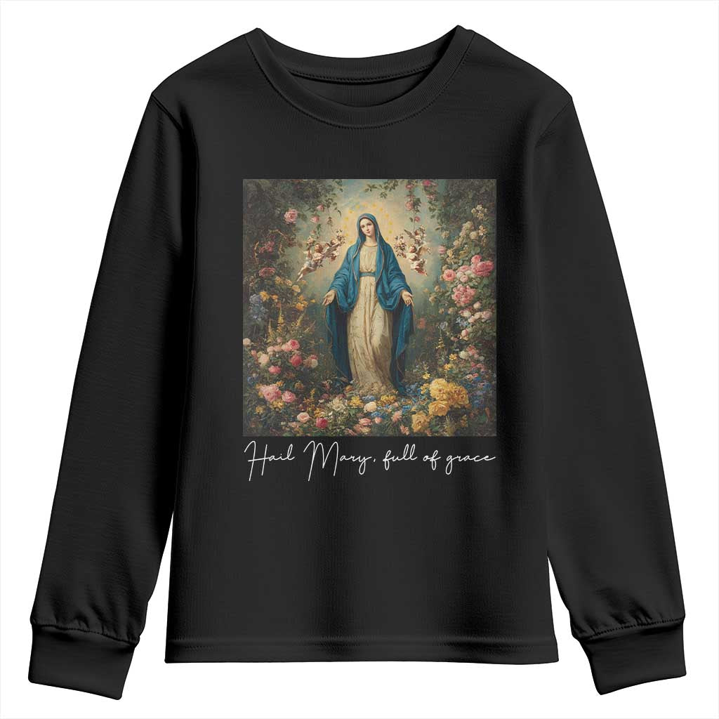 Marian Catholic Youth Sweatshirt Hail Mary Full Of Grace Blessed Virgin Mary Floral - Wonder Print Shop