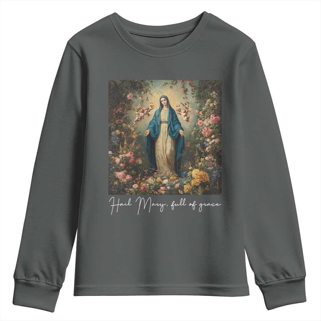 Marian Catholic Youth Sweatshirt Hail Mary Full Of Grace Blessed Virgin Mary Floral - Wonder Print Shop