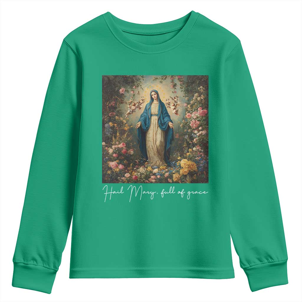 Marian Catholic Youth Sweatshirt Hail Mary Full Of Grace Blessed Virgin Mary Floral - Wonder Print Shop