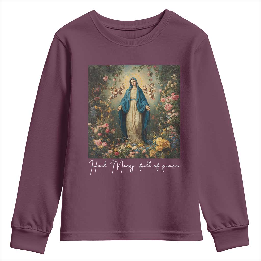 Marian Catholic Youth Sweatshirt Hail Mary Full Of Grace Blessed Virgin Mary Floral - Wonder Print Shop