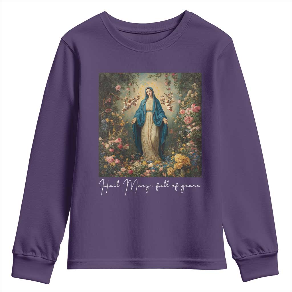 Marian Catholic Youth Sweatshirt Hail Mary Full Of Grace Blessed Virgin Mary Floral - Wonder Print Shop