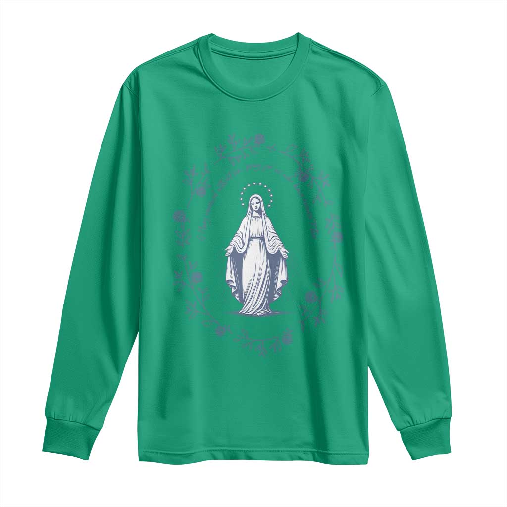Marian Catholic Long Sleeve Shirt Virgin Mary Catholic Floral Women Religious - Wonder Print Shop