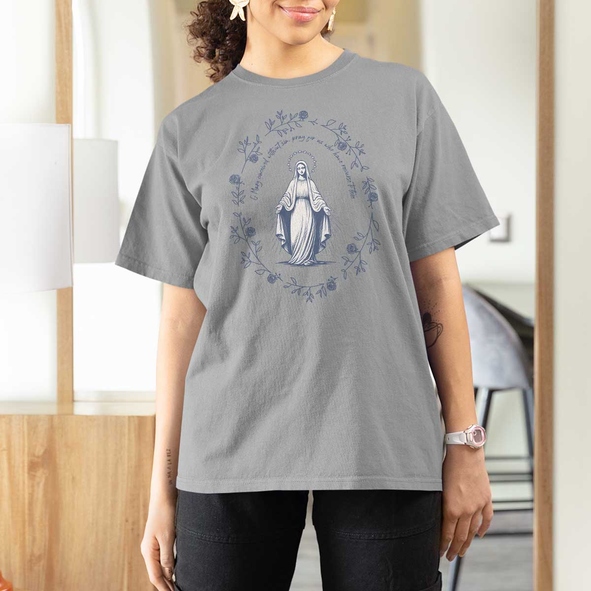 Marian Catholic T Shirt For Women Virgin Mary Catholic Floral Women Religious - Wonder Print Shop