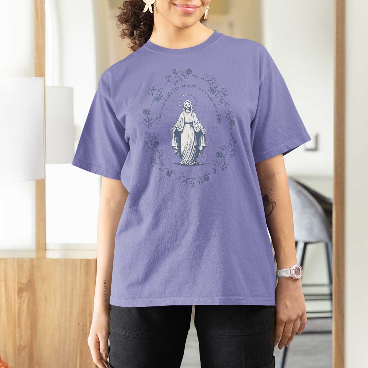 Marian Catholic T Shirt For Women Virgin Mary Catholic Floral Women Religious - Wonder Print Shop