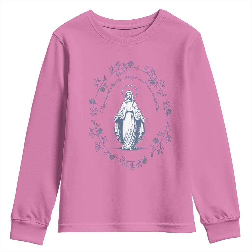 Marian Catholic Youth Sweatshirt Virgin Mary Catholic Floral Women Religious - Wonder Print Shop