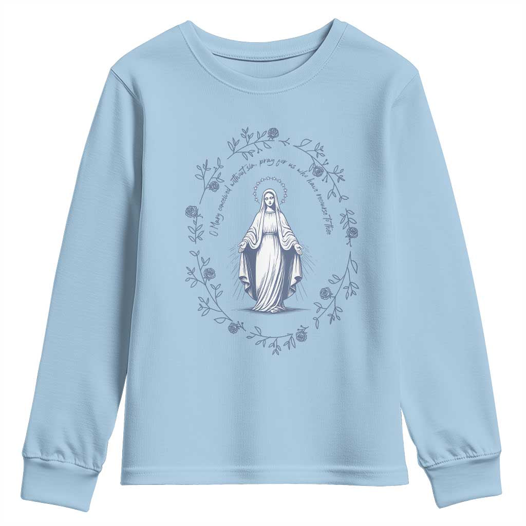 Marian Catholic Youth Sweatshirt Virgin Mary Catholic Floral Women Religious - Wonder Print Shop
