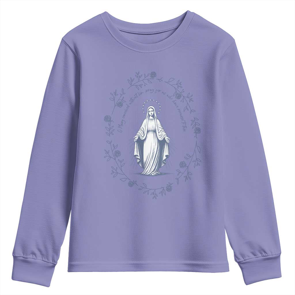 Marian Catholic Youth Sweatshirt Virgin Mary Catholic Floral Women Religious - Wonder Print Shop