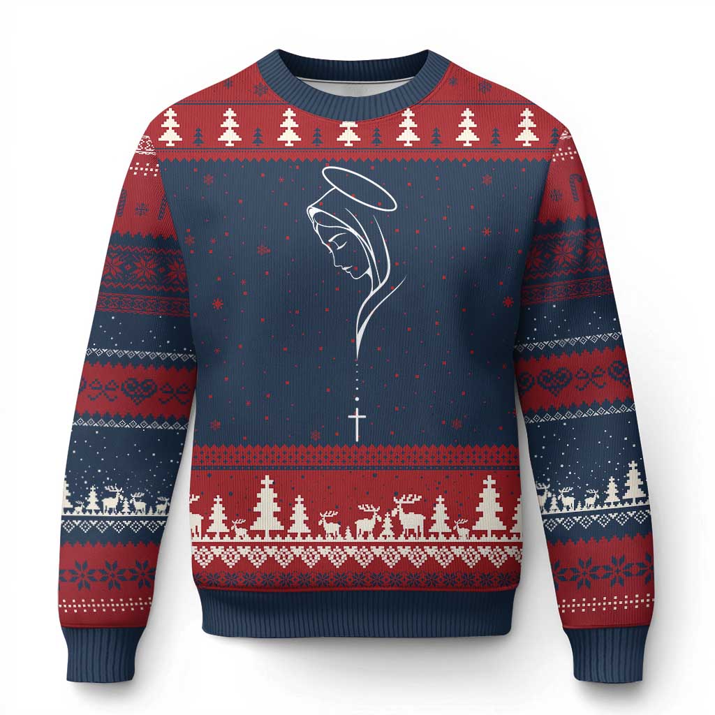 Virgin Mary Ugly Christmas Sweater Minimalist Marian Catholic Holy Mother Cross - Wonder Print Shop