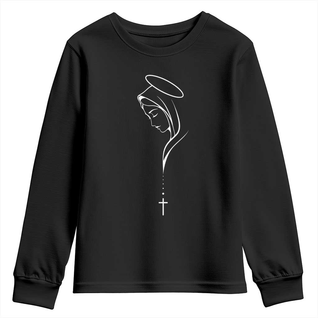 Virgin Mary Youth Sweatshirt Minimalist Marian Catholic Holy Mother Cross - Wonder Print Shop