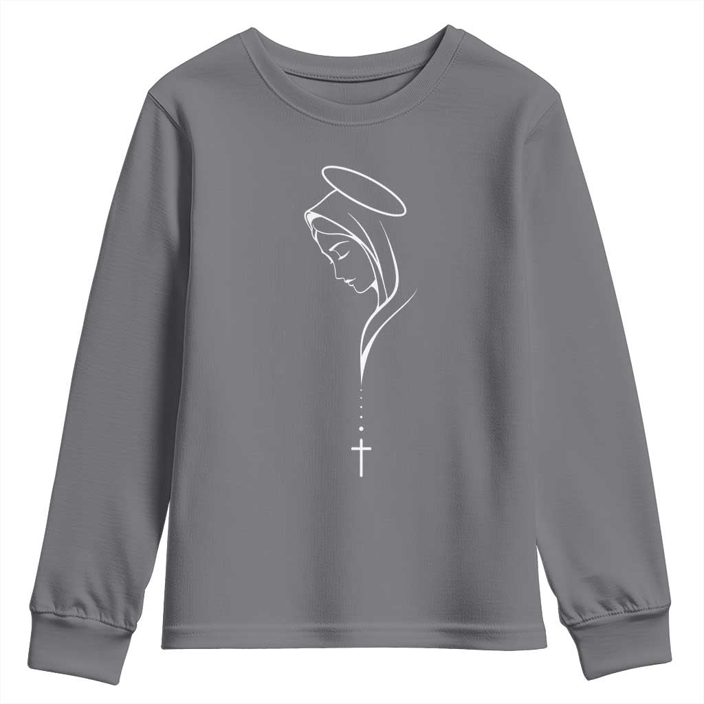 Virgin Mary Youth Sweatshirt Minimalist Marian Catholic Holy Mother Cross - Wonder Print Shop