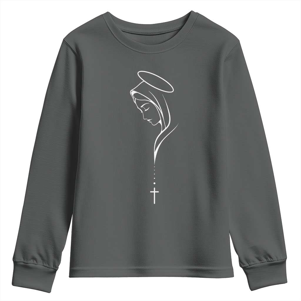 Virgin Mary Youth Sweatshirt Minimalist Marian Catholic Holy Mother Cross - Wonder Print Shop