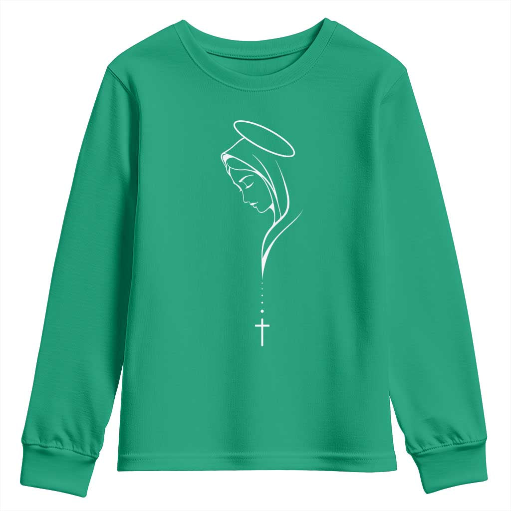 Virgin Mary Youth Sweatshirt Minimalist Marian Catholic Holy Mother Cross - Wonder Print Shop