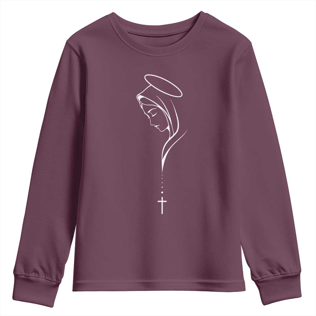 Virgin Mary Youth Sweatshirt Minimalist Marian Catholic Holy Mother Cross - Wonder Print Shop