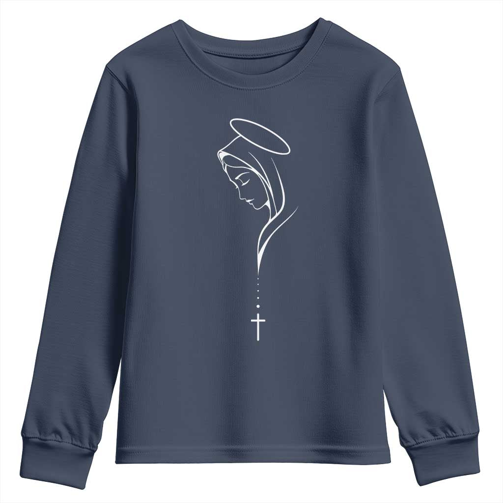 Virgin Mary Youth Sweatshirt Minimalist Marian Catholic Holy Mother Cross - Wonder Print Shop
