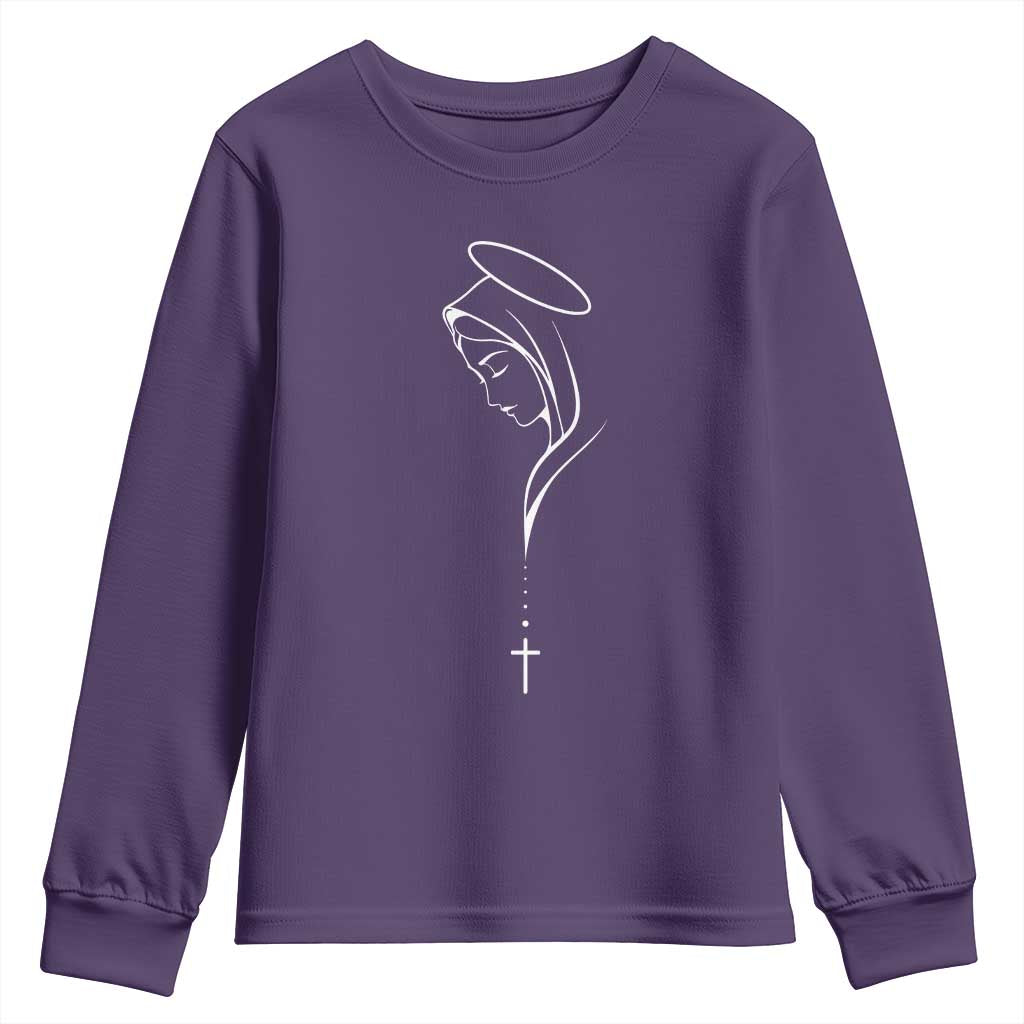 Virgin Mary Youth Sweatshirt Minimalist Marian Catholic Holy Mother Cross - Wonder Print Shop