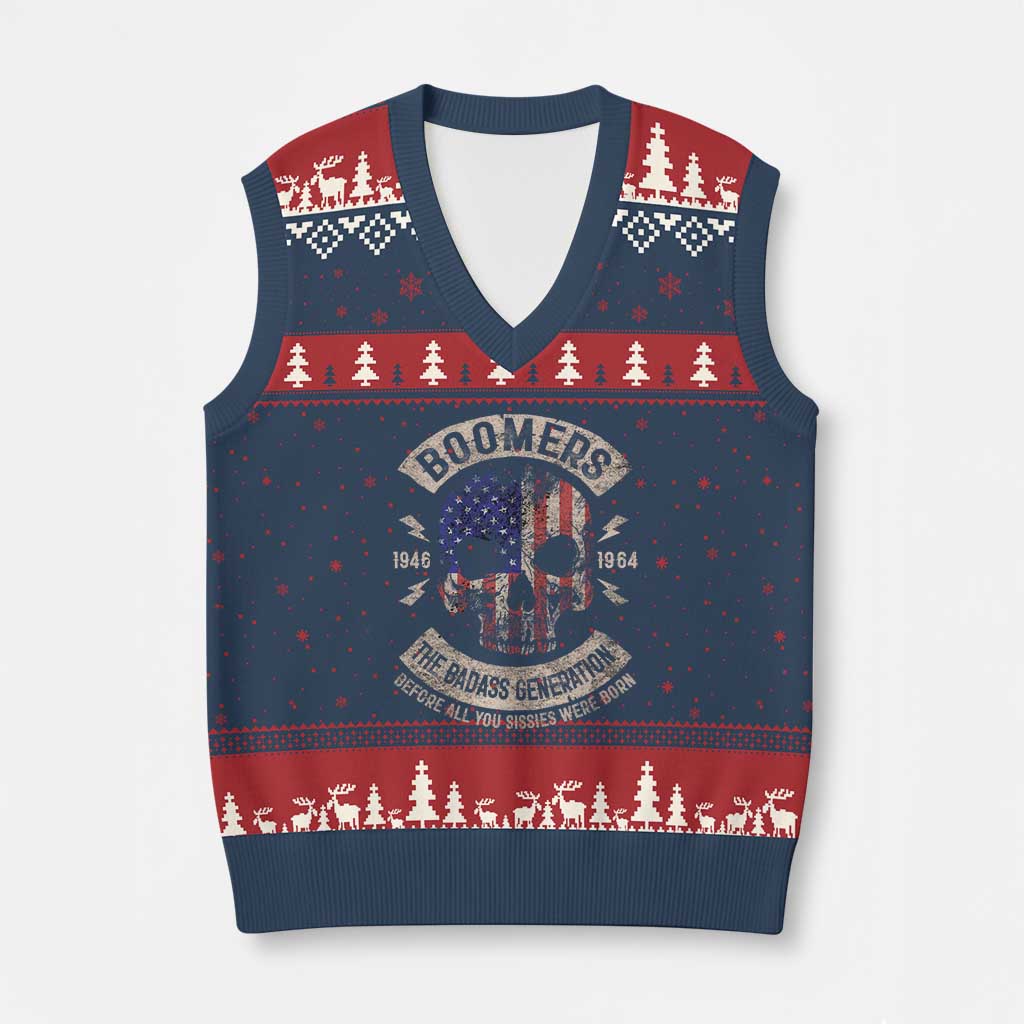 Boomers Generation V-Neck Knit Sweater Vest Before All You Sissie Were Born Skull USA Flag - Wonder Print Shop