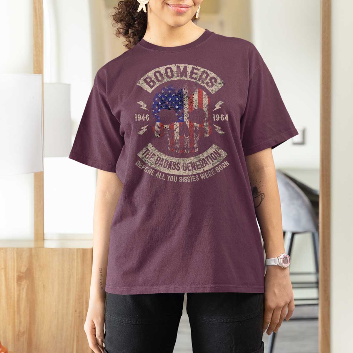 Boomers Generation T Shirt For Women Before All You Sissie Were Born Skull USA Flag - Wonder Print Shop