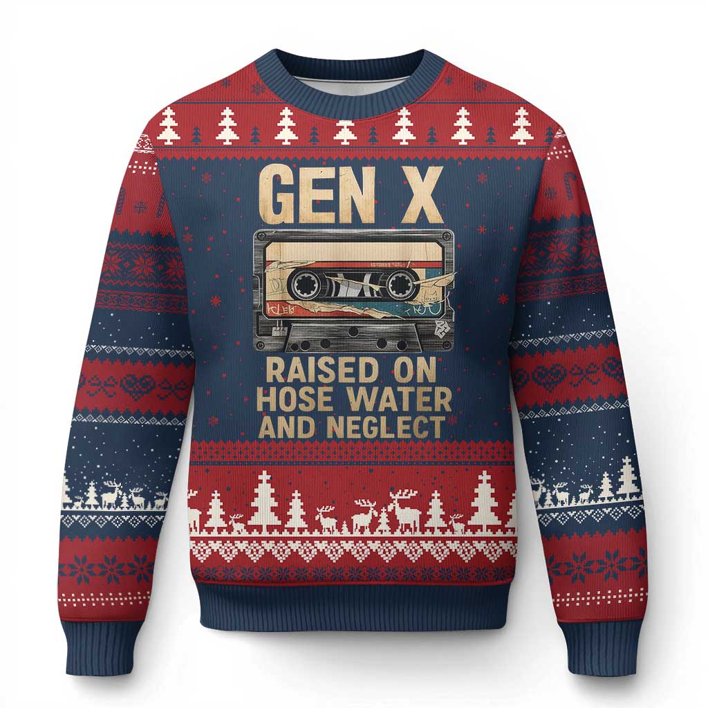 Gen X Ugly Christmas Sweater Vintage Cassette Tape Raised On Hose Water And Neglect Nostalgia - Wonder Print Shop