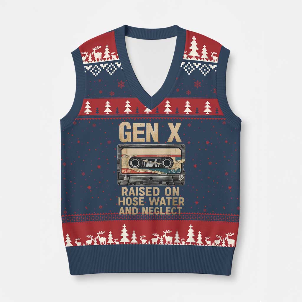 Gen X V-Neck Knit Sweater Vest Vintage Cassette Tape Raised On Hose Water And Neglect Nostalgia - Wonder Print Shop