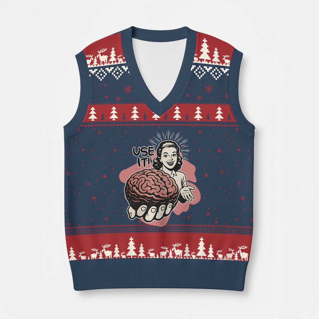 Sarcastic Vintage V-Neck Knit Sweater Vest Funny Retro 50s Use Your Brain Aesthetic - Wonder Print Shop
