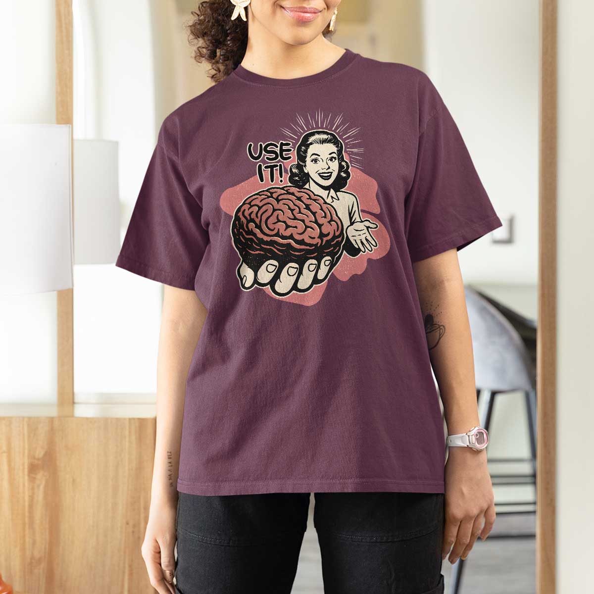 Sarcastic Vintage T Shirt For Women Funny Retro 50s Use Your Brain Aesthetic - Wonder Print Shop