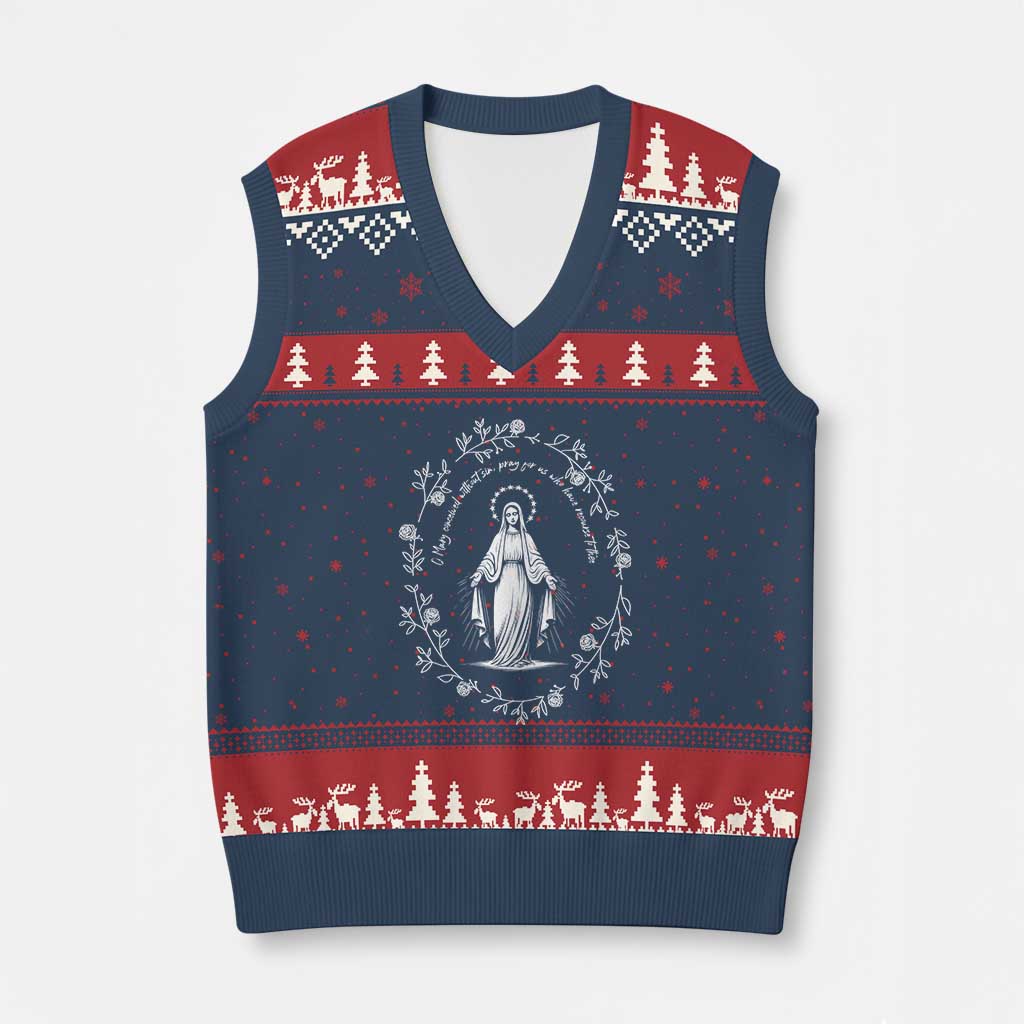 Marian Catholic V-Neck Knit Sweater Vest Virgin Mary Floral Women Religious Catholic Gift - Wonder Print Shop