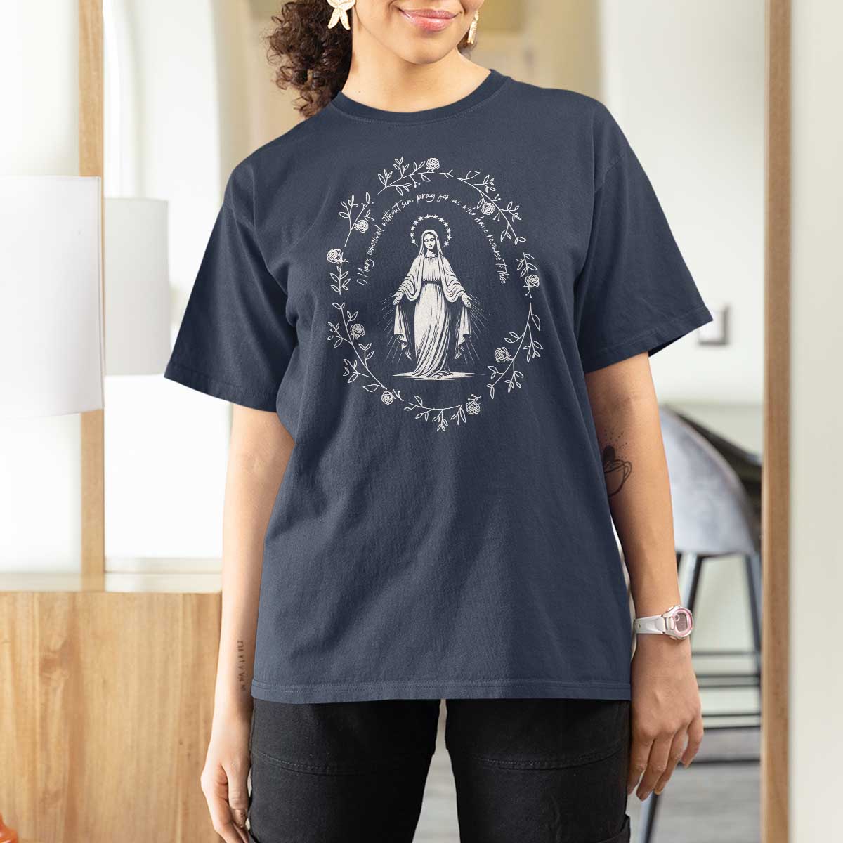 Marian Catholic T Shirt For Women Virgin Mary Floral Women Religious Catholic Gift - Wonder Print Shop