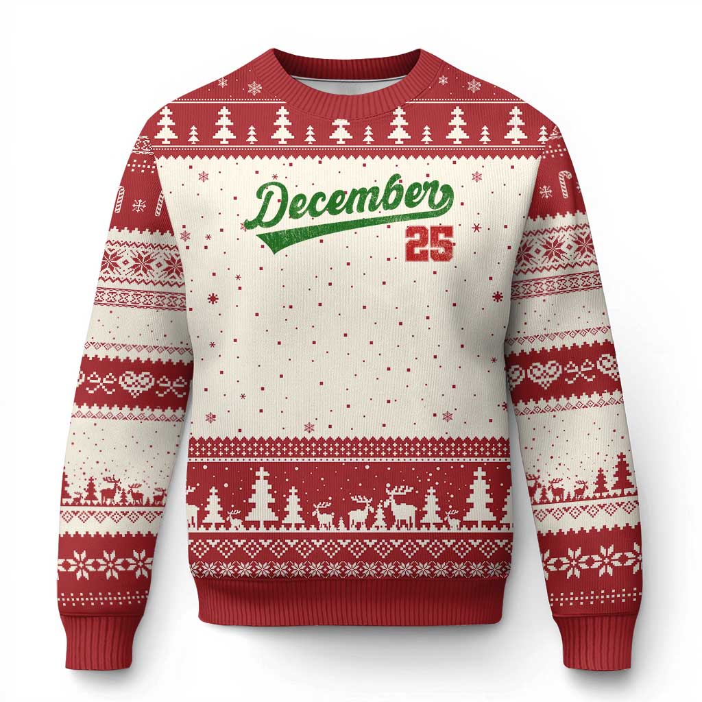 Retro Xmas December 25 Ugly Christmas Sweater Retro Vintage Script Holiday Trip - Wonder Print Shop