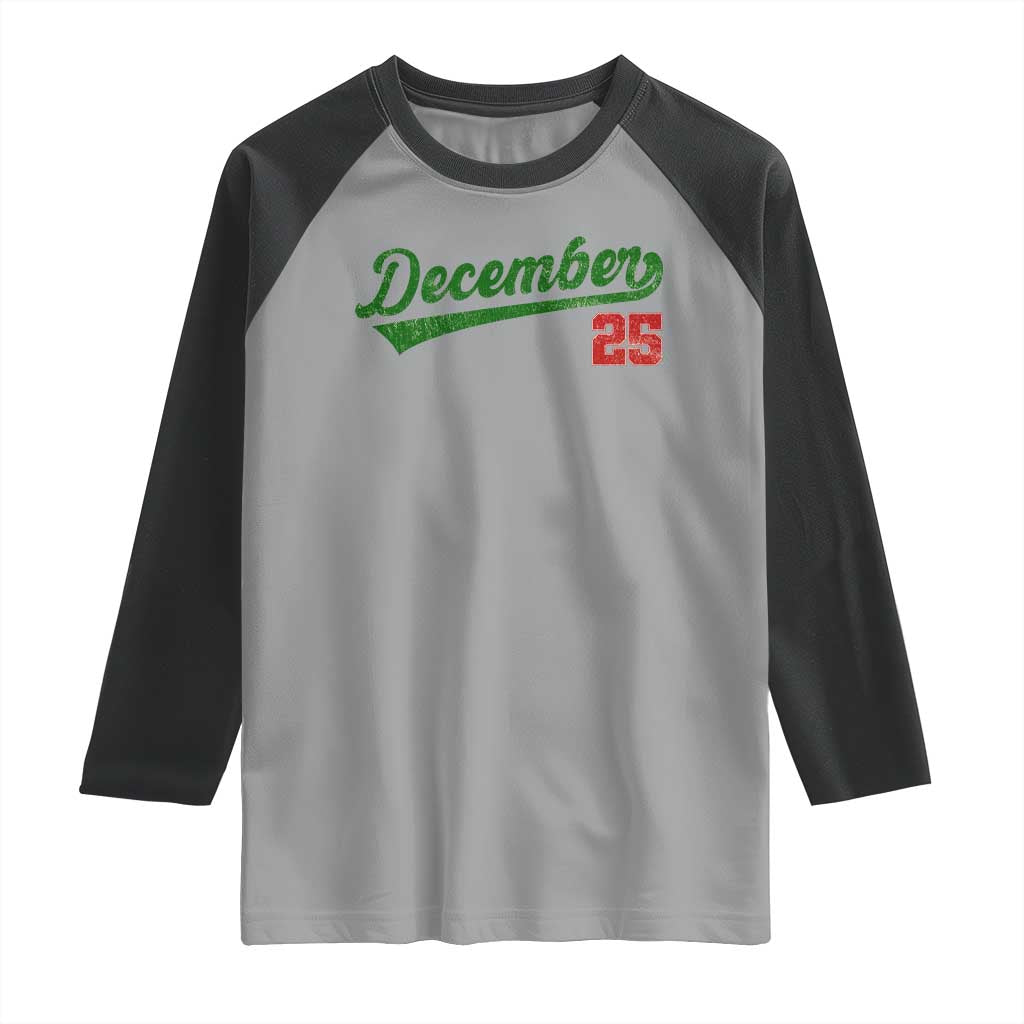 Retro Christmas December 25 Raglan Shirt Retro Vintage Script Holiday Trip - Wonder Print Shop