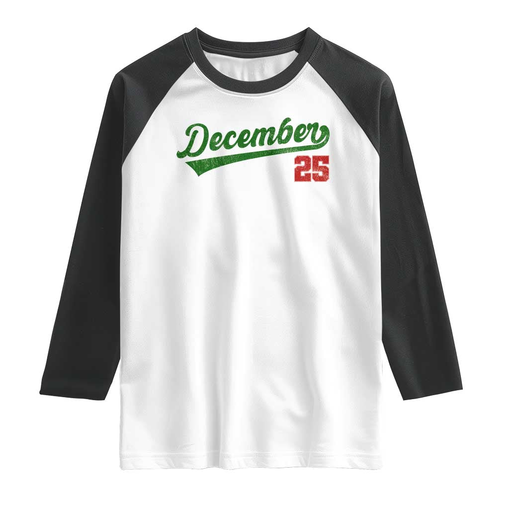 Retro Christmas December 25 Raglan Shirt Retro Vintage Script Holiday Trip - Wonder Print Shop