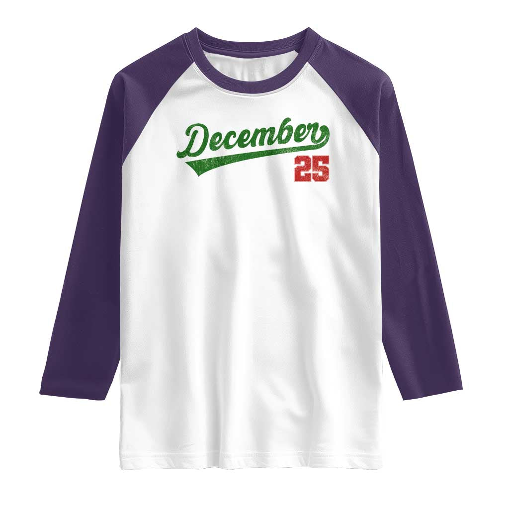 Retro Christmas December 25 Raglan Shirt Retro Vintage Script Holiday Trip - Wonder Print Shop