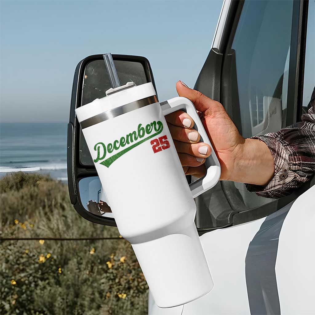 Retro Christmas December 25 Tumbler With Handle Retro Vintage Script Holiday Trip - Wonder Print Shop