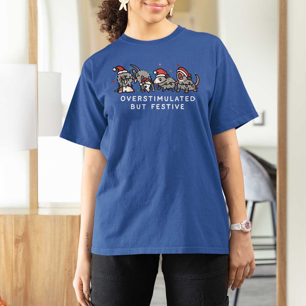 Overstimulated But Festive Possum Christmas T Shirt For Women Funny Opossum Xmas Meme - Wonder Print Shop