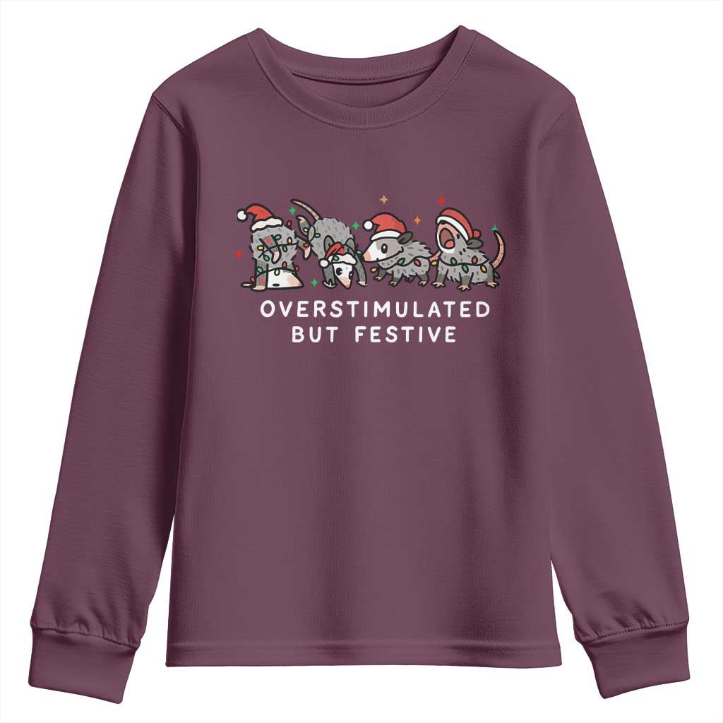 Overstimulated But Festive Possum Christmas Youth Sweatshirt Funny Opossum Xmas Meme - Wonder Print Shop