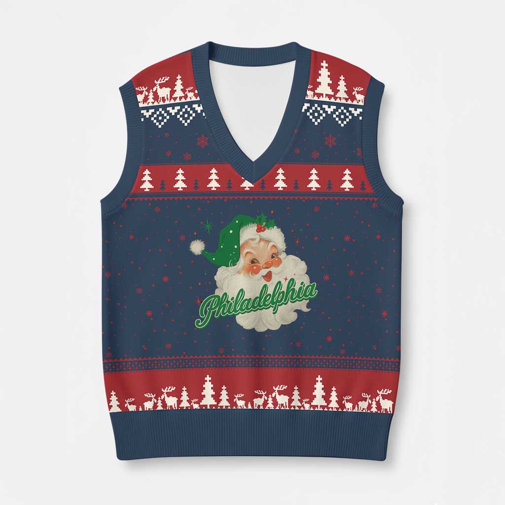 Xmas Philadelphia Football V-Neck Knit Sweater Vest Vintage Santa Philly Lovers - Wonder Print Shop