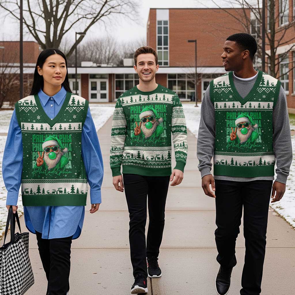 Philadelphia Football Xmas V-Neck Knit Sweater Vest Santa Retro Philly Fan - Wonder Print Shop