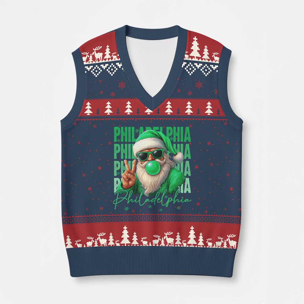 Philadelphia Football Xmas V-Neck Knit Sweater Vest Santa Retro Philly Fan - Wonder Print Shop